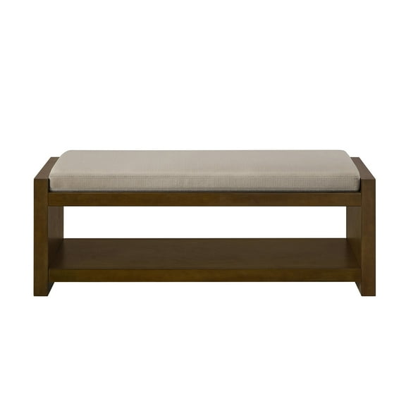 Xukmct 47" Wood Frame Bench with Lower Shelf, Upholstered Removable Padded Seat Cushion Bench for Living Room, Bedroom, Dark Beige