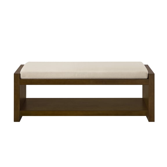 Xukmct 47" Wood Frame Bench with Lower Shelf, Upholstered Removable Padded Seat Cushion Bench for Living Room, Bedroom, Ivory White