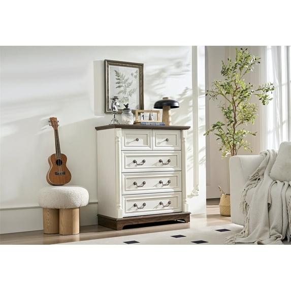 Xukmct 5 Drawer Dresser with Handle, Wooden Chest of Drawers Storage Cabinet Organizer for Bedroom, Living Room, White