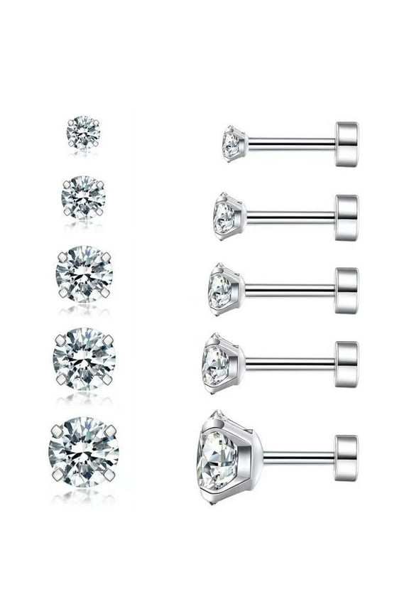5 Pairs Earring Stud Cubic Zirconia Earring 316L Stainless Steel Flat Back Stud Earrings Set for Women Men, 3-8mm, Silver