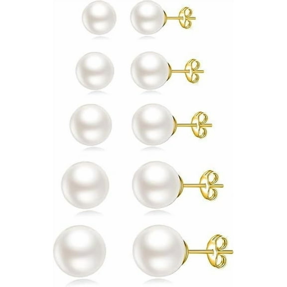 Xukmct 5 Pairs Pearl Stud Earrings Set 14K Gold Plated Tiny Small and Big Ball Pearl Earrings Stud for Women, 5-10mm