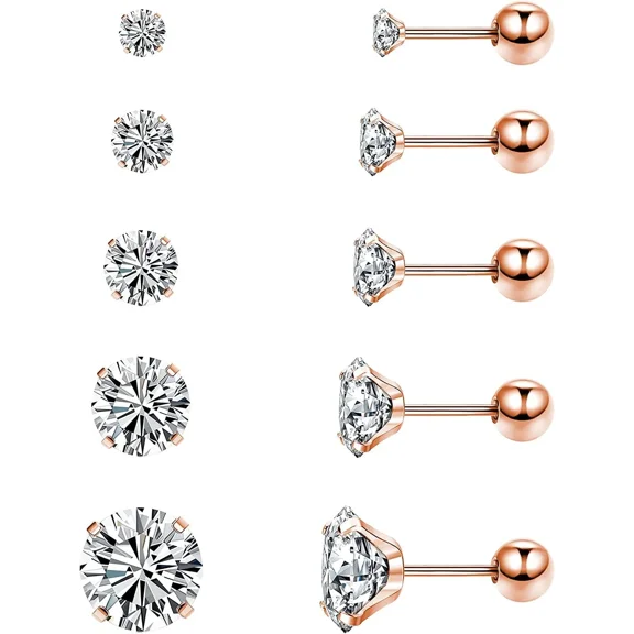 Xukmct 5 Pairs Stud Earrings 2-6MM Round Cubic Zirconia Earring Studs 316L Surgical Steel Stud Earring Set for Women Men, Rose Gold