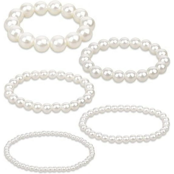 Xukmct 5 Pcs Faux Pearl Bracelets Elastic White Pearl Stretch Braclet for Women, 4+6+8+10+12mm