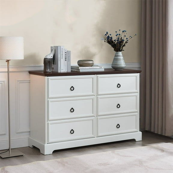 Xukmct 6 Drawer Dresser with Handle, Modern Wooden Storage Cabinet for Bedroom, Living Room, Office, White