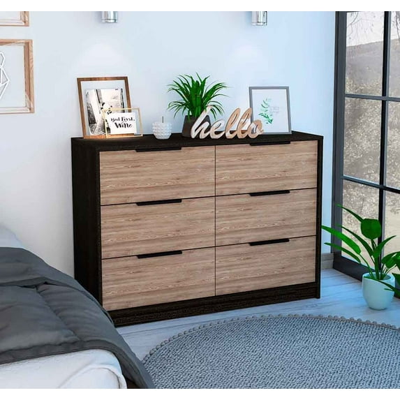 Xukmct 6 Drawer Dresser with Handle, Wood Storage Cabinet for Living Room, Black + Brown