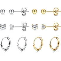 Xukmct 6 Pairs 14K Gold Plated Earrings Set for Women Sterling Silver Hoop Earrings Ball Cubic Zirconia Stud Earrings Piercing Jewelry