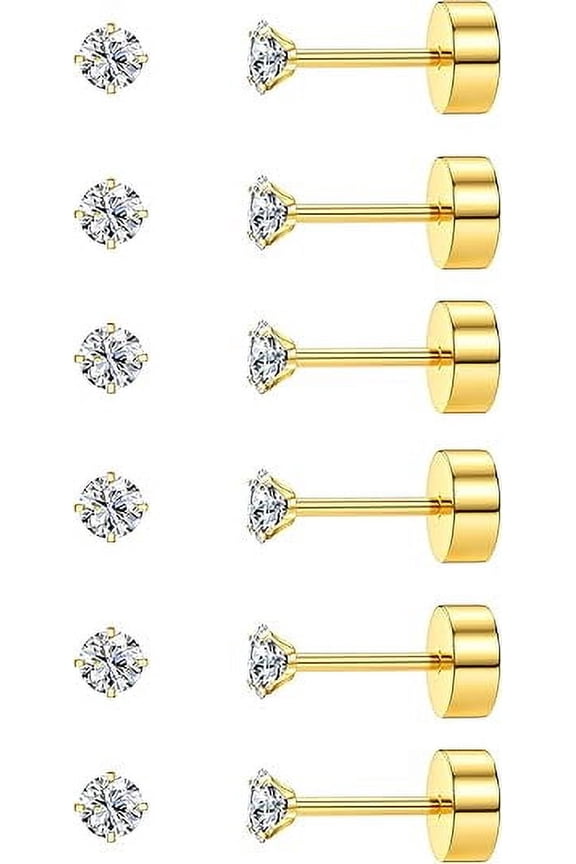 6 Pairs 14K Gold Plated Flat Back Stud Earrings Set 316L Steel Cubic Zirconia Earring Piercing Earring for Women Men, Gold, 2MM