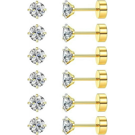 Xukmct 6 Pairs 14K Gold Plated Flat Back Stud Earrings Set 316L Steel Cubic Zirconia Earring Piercing Earring for Women Men, Gold, 4MM