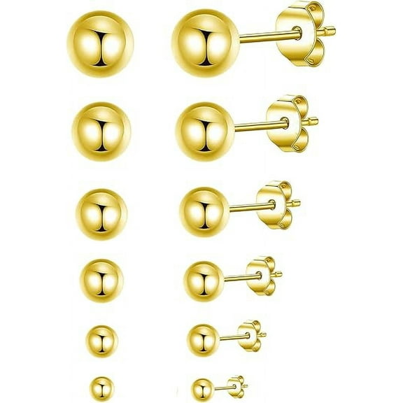 Xukmct 6 Pairs 14K Gold Plated Stud Earrings for Women Men Shiny Round Ball Earring Set; 3-8mm