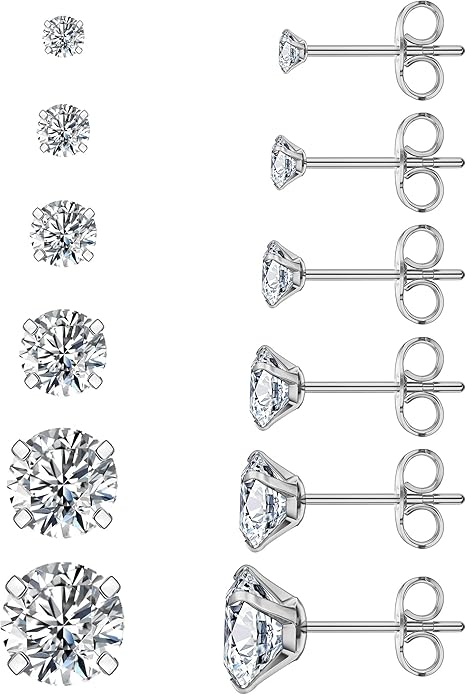 ZOCOYUU Set 5 Paia Orecchini A Perno In Acciaio 316L - Zirconi CZ Rotondi Da 2-6mm, Ipoallergenici, Color Argento