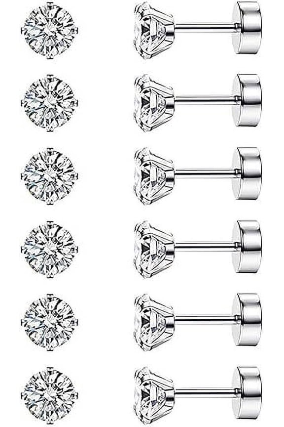 6 Pairs Earring Stud Cubic Zirconia Earring 316L Stainless Steel Flat Back Stud Earrings Set for Women Men, 6mm, Silver