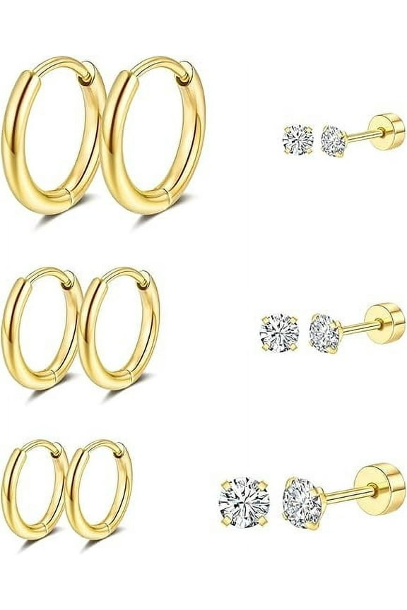 6 Pairs Stainless Steel Hoop Earrings 14K Gold Plated Flat Back Stud Earrings Cubic Zirconia Earrings Studs for Women, Silver
