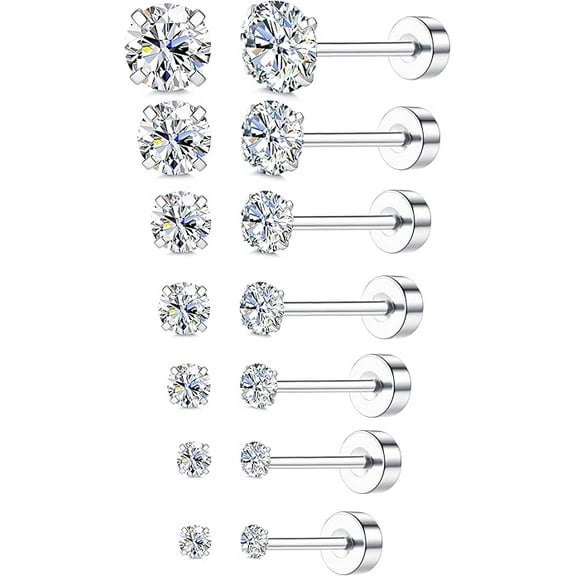 Xukmct 7 Pairs 316L Stainless Steel Stud Earrings 14K Gold Plated Cubic Zirconia Earrings Stud for Women Men, Silver