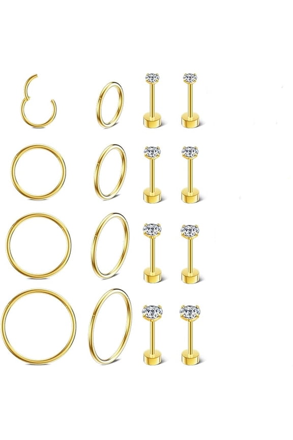 8 Pairs 14K Gold Plated Cubic Zirconia Stud Earrings 316L Stainless Steel Hoop Earrings for Women Men, Gold