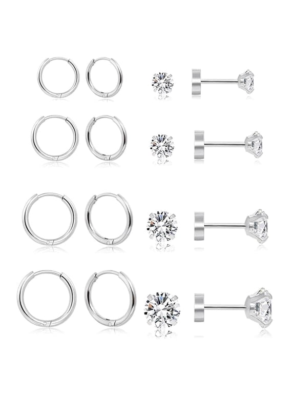 8 Pairs Flat Back Stud Earring Small Hoop Earrings 316L Stainless Steel Earrings Set for Women, Silver