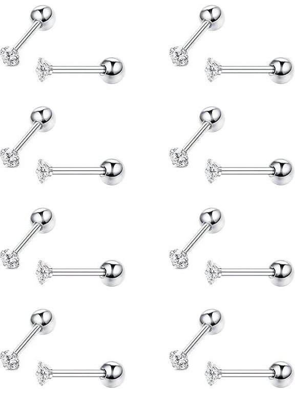 8 Pairs Stainless Steel Stud Earrings Cubic Zirconia Earrings Screw Flat Back Earrings Set for Women Men