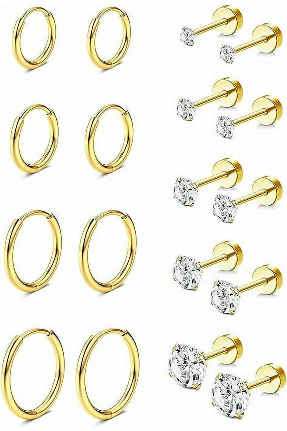 9 Pairs 14K Gold Plated Flat Back Earrings Hoop Stud Earrings Mini Small Hoop Earrings for Women Men, Gold