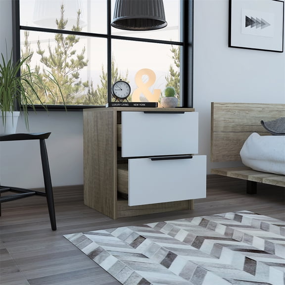 Xukmct Beside Table with 2 Drawers and Metal Handle, Nightstand for Home, Bedroom, White
