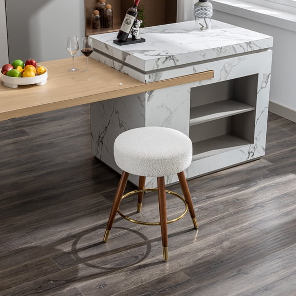 Xukmct Boucle Counter Height Bar Stool with Wood Legs, 360 Degree Swivel Upholstered Barstool for Living Room, Bar, Dining Room, White