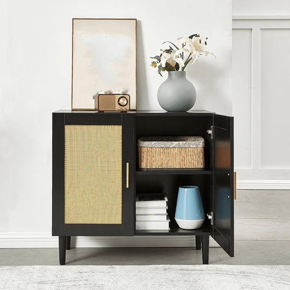 Xukmct Buffet Cabinet with Handle and Shelves, Rattan Door Storage Cabinet for Living Room