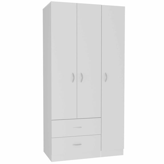 Xukmct Clothes Storage Cabinet with 2 Drawers and Shelves, 3 Door Wood Wardrobe with Hanging Rod, White