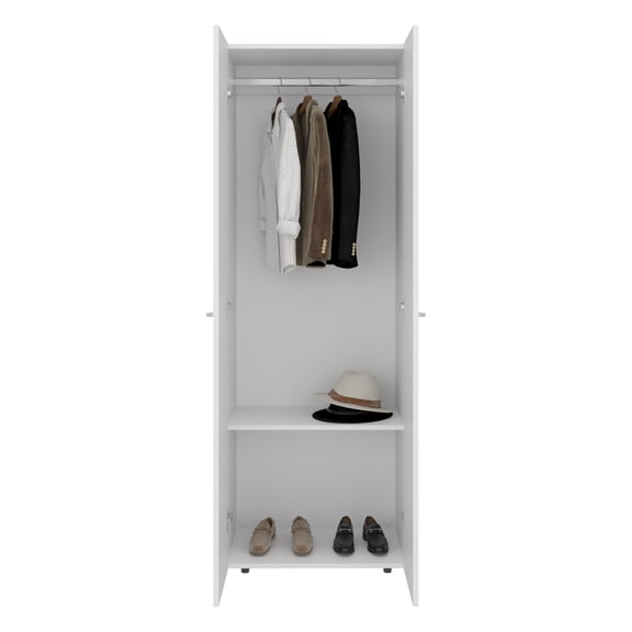 Xukmct Clothes Storage Cabinet with Hanging Rod and Storage Shelf, 2 Doors Armoire for Bedroom, Living Room, White