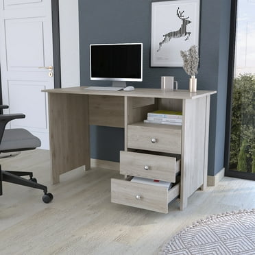 Xukmct Computer Desk with 3 Drawers and Open Storage Shelf, Writing Table for Home Office, Light Gray