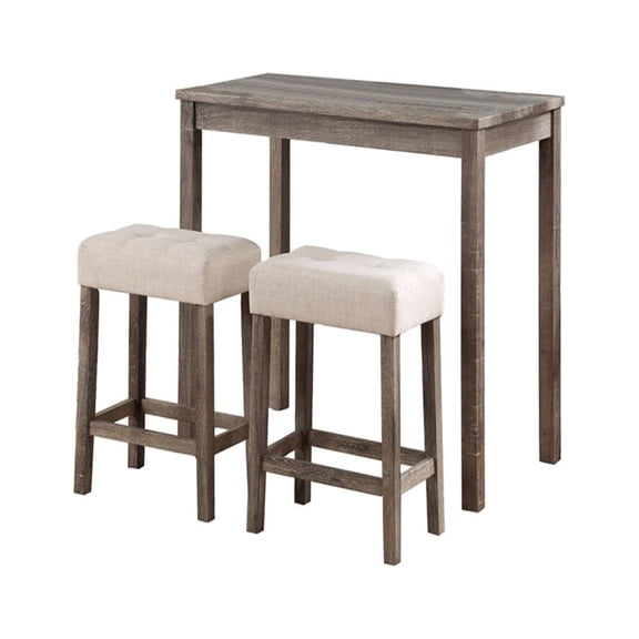 Xukmct Counter Height Wood Dining Table Set with 2 Linen Seat Stools, Brown