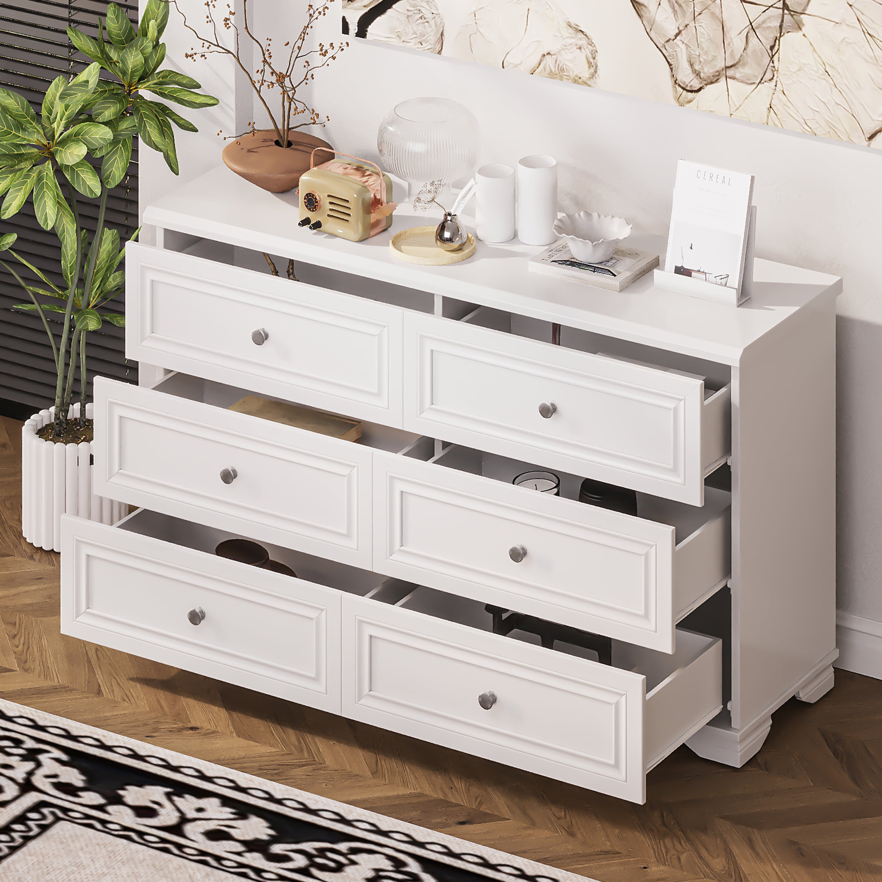 Elegant White Particle Board Dresser with Metal Handles, 6 Drawers
