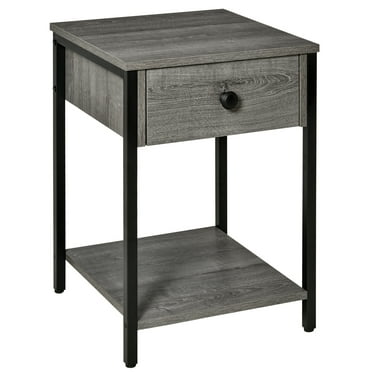 Xukmct End Table with Drawer and Bottom Shelf, Nightstand for Living Room, Bedroom, Gray