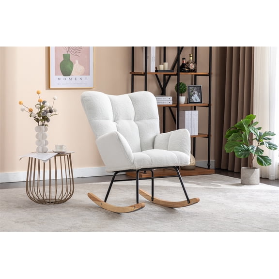 Xukmct Fabric Rocking Chair with Wood Base, Upholstered Accent Chair for Living Room, Bedroom, Office, Ivory White