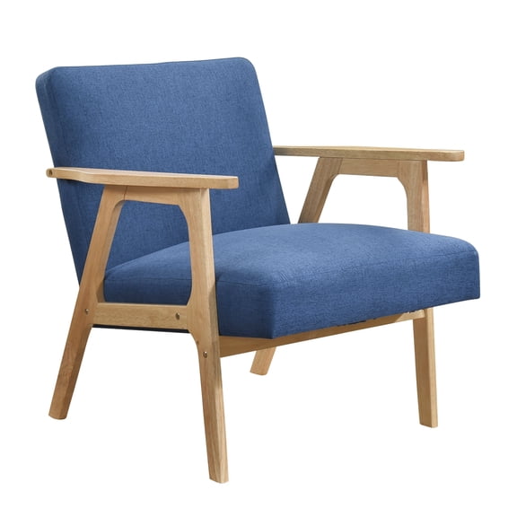 Xukmct Fabric Upholstered Accent Chair Club Chair with Wood Frame, Cushion Seat Armchair for Living Room, Office, Bedroom, Blue + Light Brown