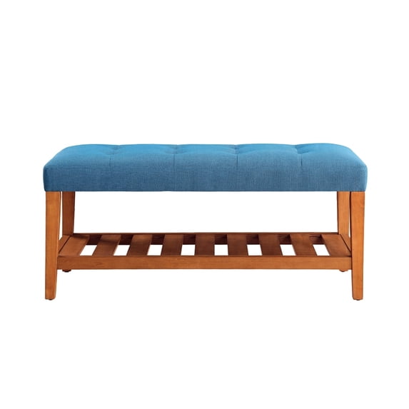Xukmct Fabric Upholstered Bench with Open Storage Shelf, Perfect for Living Room, Bedroom, Blue + Brown
