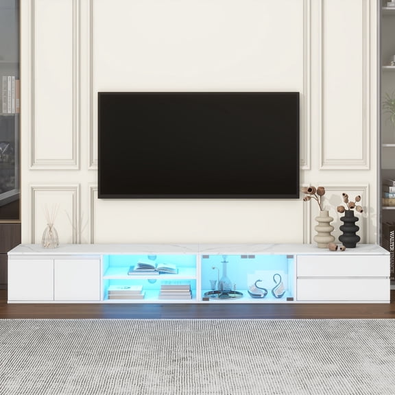 Xukmct Faux Marble Tabletop Entertainment Center for TVs Up to 105", LED Media Console with Tempered Glass Doors and Open Shelf, TV Stand with 2 Drawers & Cabinets, White