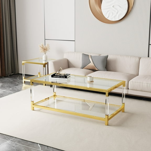 Xukmct Gold Metal Frame Tea Table Coffee Table with Acrylic Legs, Rectangle Tempered Glass Tabletop End Table for Living Room, Office