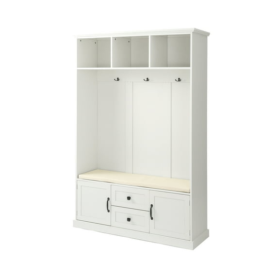Xukmct Hall Tree with 3 Hooks and Coat Hanger, Storage Bench for Entrance, Hallway, Bedroom, White