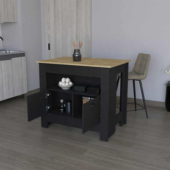 Xukmct Kitchen Island with Cabinet and Open Shelf, Wood Top Counter Height Table for Dining Room, Kitchen, Black + Brown