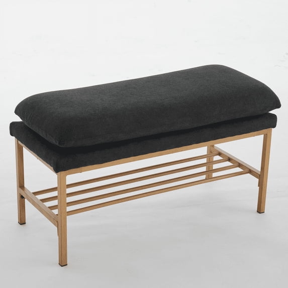Xukmct Linen Upholstered End of Bed Bench with Shelf and Metal Legs, Shoe Storage Bench for Living Room, Entryway, Dining Room, Black