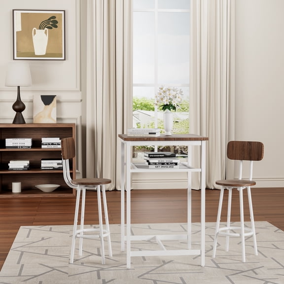 Xukmct Metal Frame Bar Table with 2 Pack Bar Stools, Wood Top Bar Table Stools Set for Living Room, Dining Room, Bar, White+Brown
