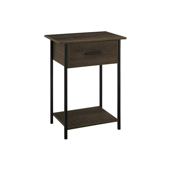 Xukmct Metal Frame Side Table with Bottom Shelf, 1 Drawer Wood End Table for Living Room, Bedroom, Dark Brown