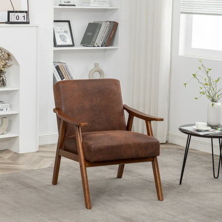 Xukmct Mid-Century Modern Accent Chair with Wood Frame, Fabric Upholstery Armchair Club Chair for Living Room, Bedroom, Office, Light Brown