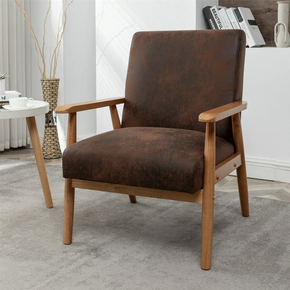Xukmct Mid-Century Modern Arm Chair with Wood Frame, 25.38" Wide Upholstered Microfiber Fabric Accent Chair for Living Room, Office, Bedroom, Brown