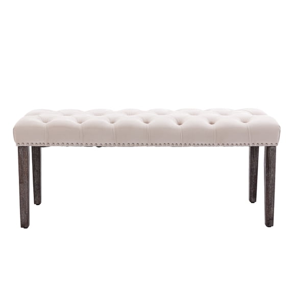 Xukmct Modern Rectangle Bench with Wood Legs, Upholstered Velvet Dining Bench for Entryway Dining Room Living Room, Beige