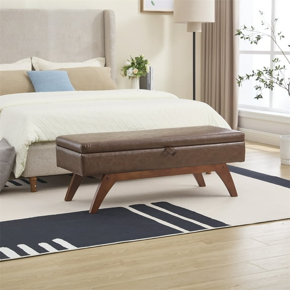 Xukmct PU Leather Storage Bench with Solid Wood Legs, Upholstered Bed End Stool Storage Ottoman for Living Room, Bedroom, Brown