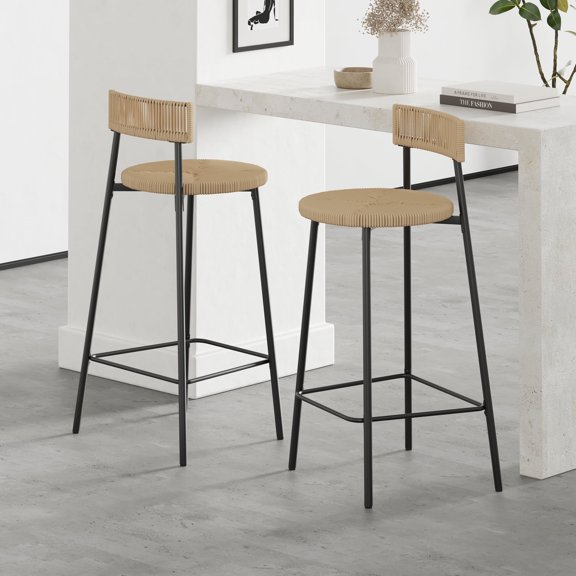 Xukmct Pack of 2 Woven Bar Stools with Back and Footrest, Paper Rope Round Barstools for Kitchen Island, Dining Room, Bar, Brown
