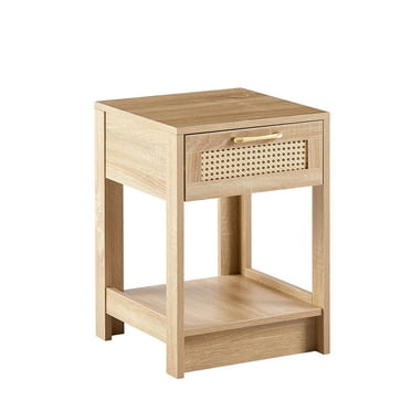 Xukmct Rattan Nightstand for Home Office, Beside Table with 1 Drawer and Bottom Shelf, Brown