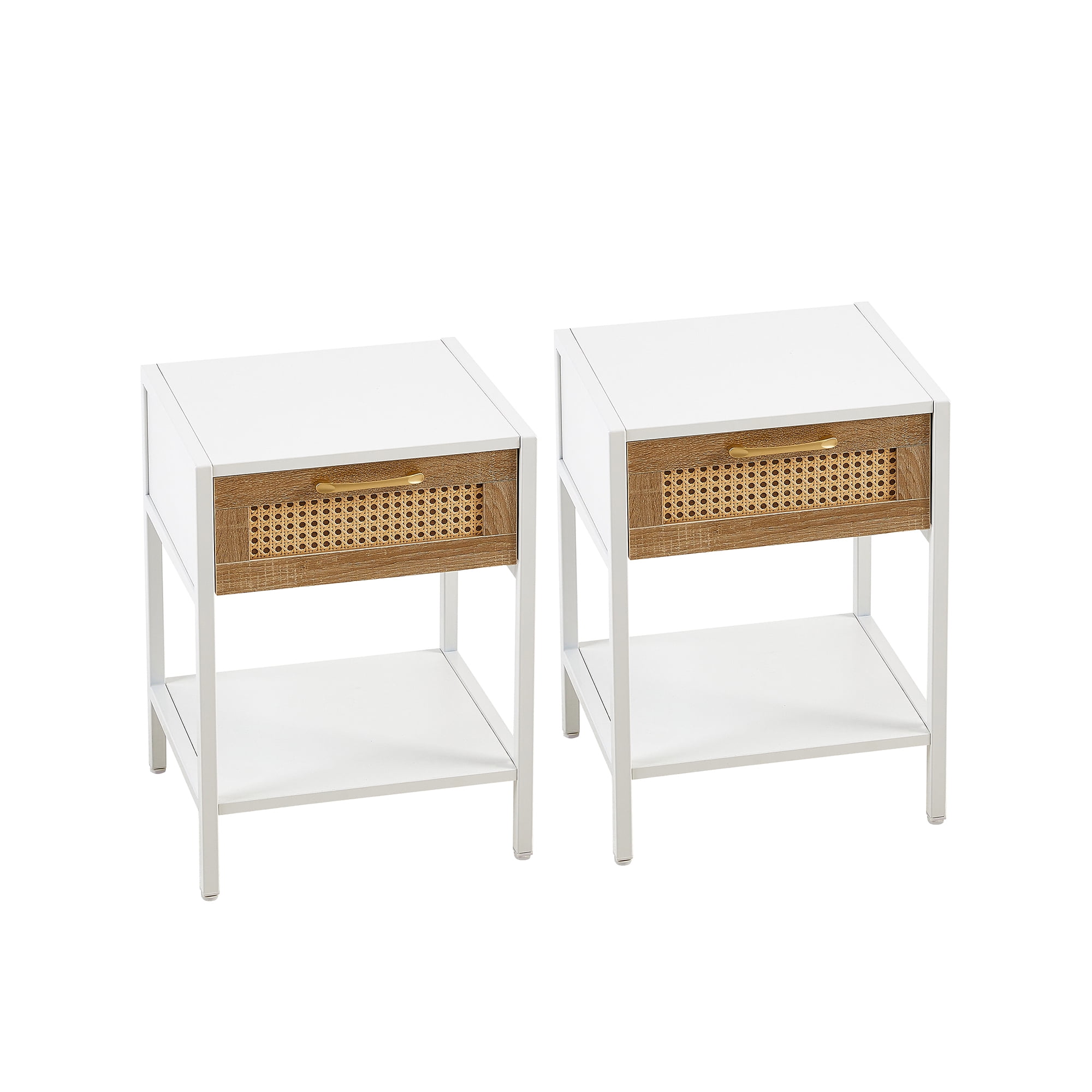 White and Natural Rattan End Tables with Metal Legs and Storage