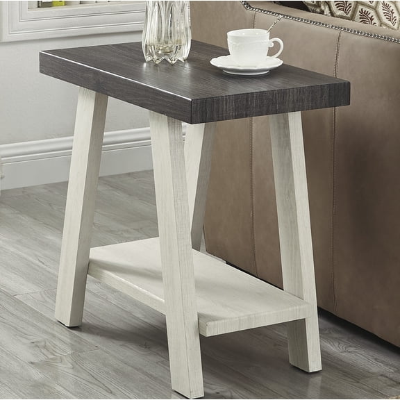 Xukmct Rectangle Side Table with Open Shelf, Wood End Table for Living Room, Office, Dark Gray + Beige