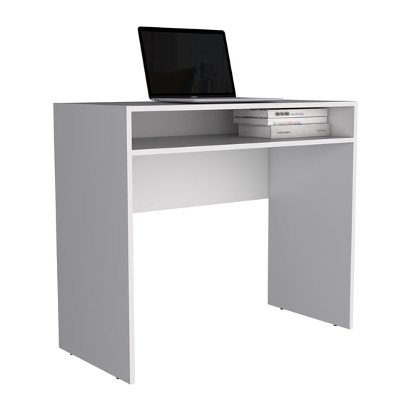 Xukmct Rectangle Writing Desk with Shelf, 35" Wide Wood Computer Table for Living Room, Office, White