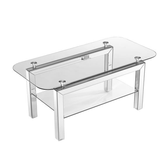 Xukmct Rectangular Tempered Glass Coffee Table with Mirrored Stainless Legs, 2 Tier Tea Table Side Table for Waiting Room, Office, Living Room, 20"D x 40"W x 18"H, Silver